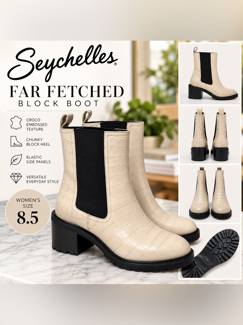 Seychelles Far Fetched Croc Embossed Block Heel Chelsea Boots Women’s 8.5 FLAWED